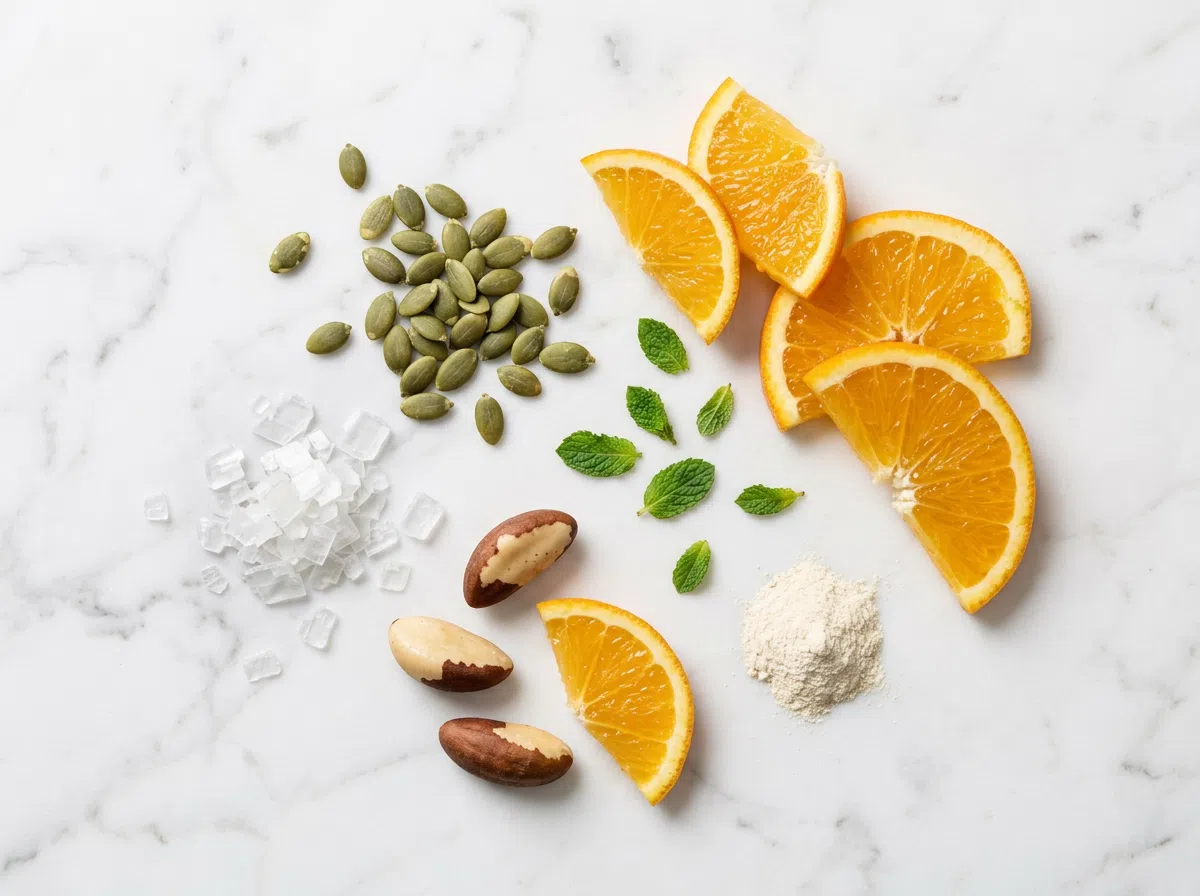 Naturliga ingredienser - pumpafrön, magnesiumflingor, selen-nötter och vitamin C-skivor på vit marmor